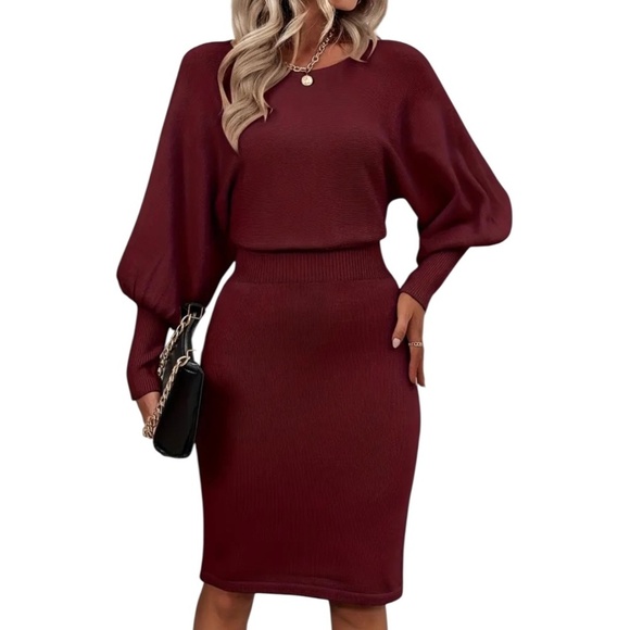 Dresses & Skirts - Women’s Solid Color Lantern Sleeve Waist Sweater Dress